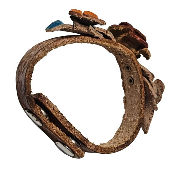 Handcrafted Retro Leather Floral Cuff Bracelet Adjustable Snap Closure 60s 70s - Picture 3 of 6